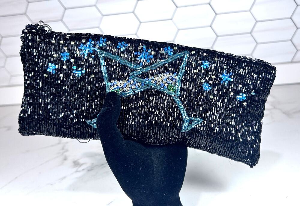 LC Black Beaded Clutch Evening Bag Martini Cocktail Detail Vintage Style